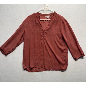 Downeast Womens Red Patterned 3/4 Sleeve Blouse With Gathered Front Detail